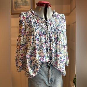 Wonderly Floral Blouse - Blue, Pink, Green Size XL